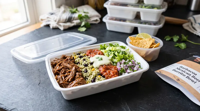 A barbacoa beef burrito bowl in a takeout container on a slate counter, with tortilla chips, a lime wedge and a labelled meal kit pouch beside it.